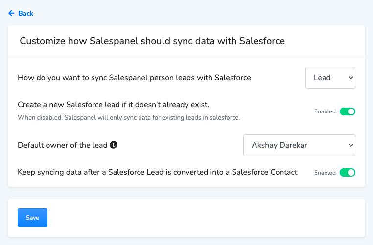 Preview of Salesforce Integration Settings